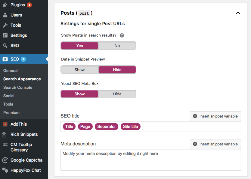 aggiungi meta descrizione wordpress yoast plugin snippet variabili